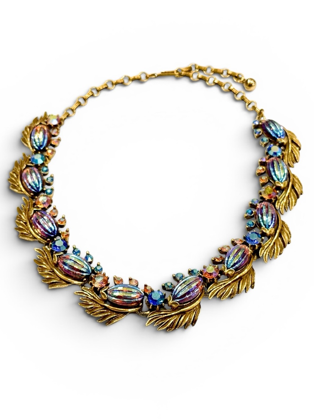Vintage Florenza Gold Plated Rhinestone & Iridescent Blue Glass Costume Necklace